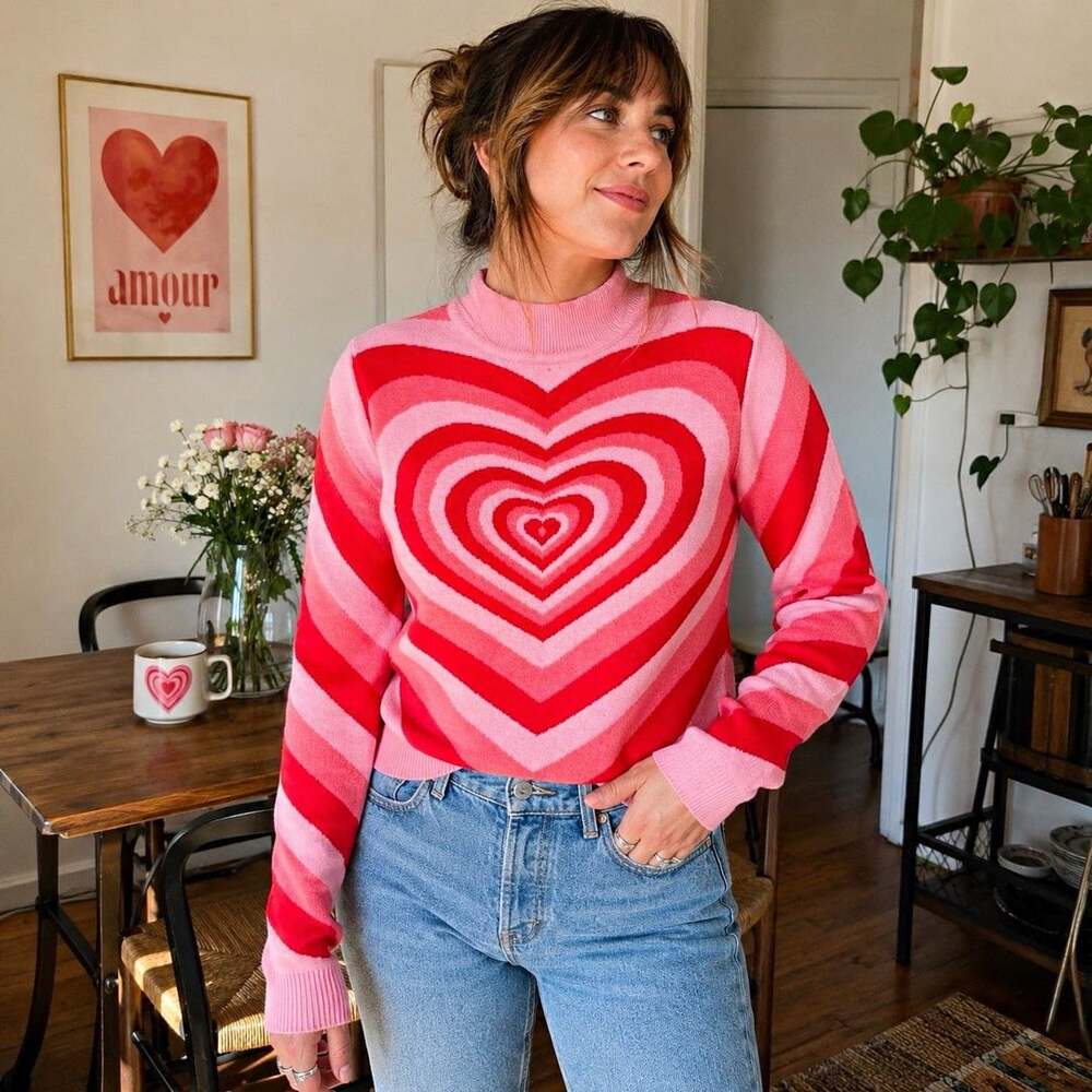 Womens Heart Graphic Mock Neck Knit Pullover Sweater Pink Red Size L Rayon
